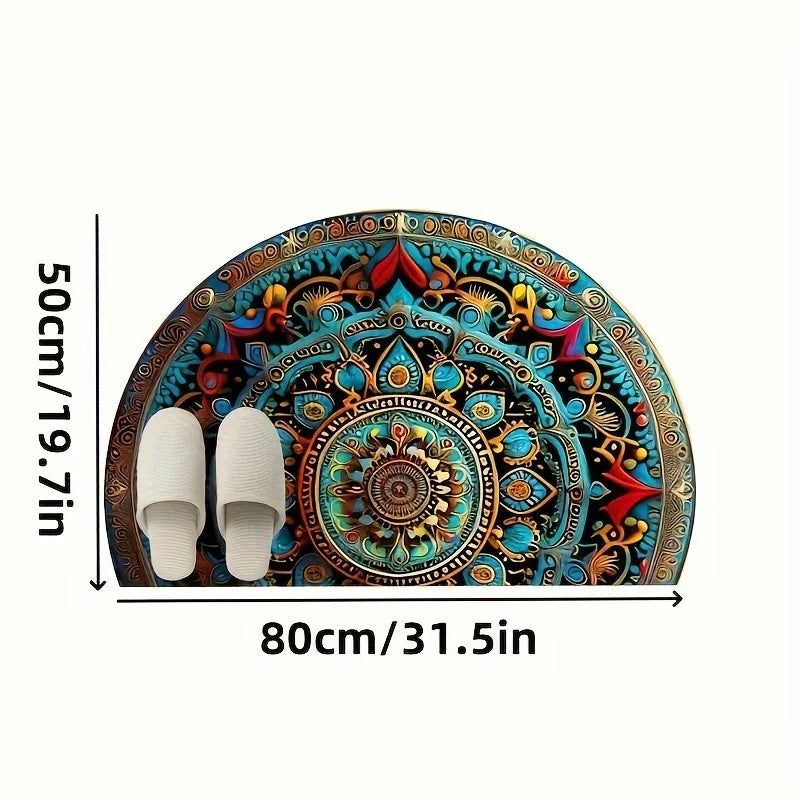 A bohemian mandala semi-circular floor mat,