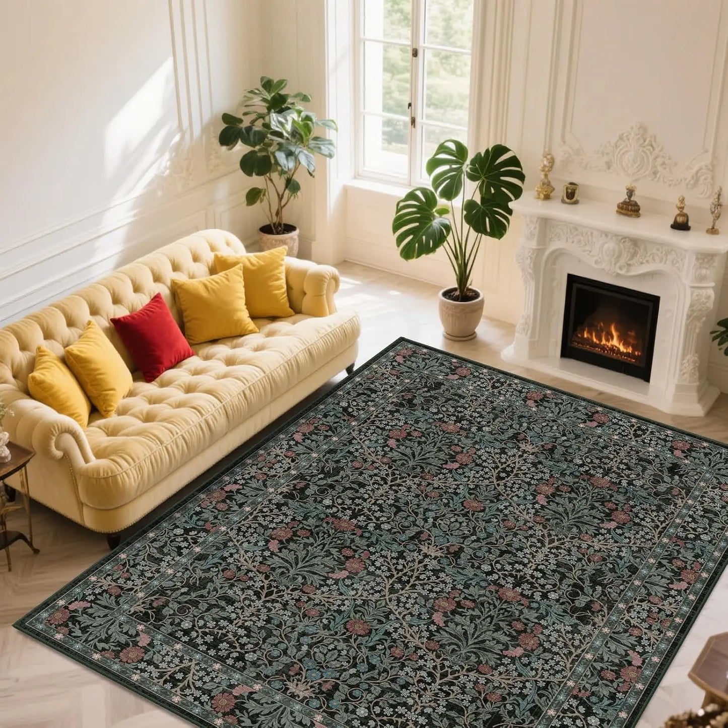 8x10 Washable Vintage Area Rug, Floral Low Pile Non-Slip Carpet.Dark Green