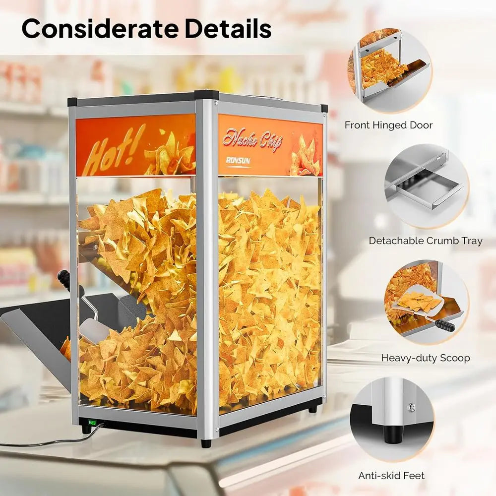 Nacho Chip Warmer, Nacho Machine Countertop Food Warmer Display Case with Warming Light, Glass Door, Scoop & Removable Deflectio