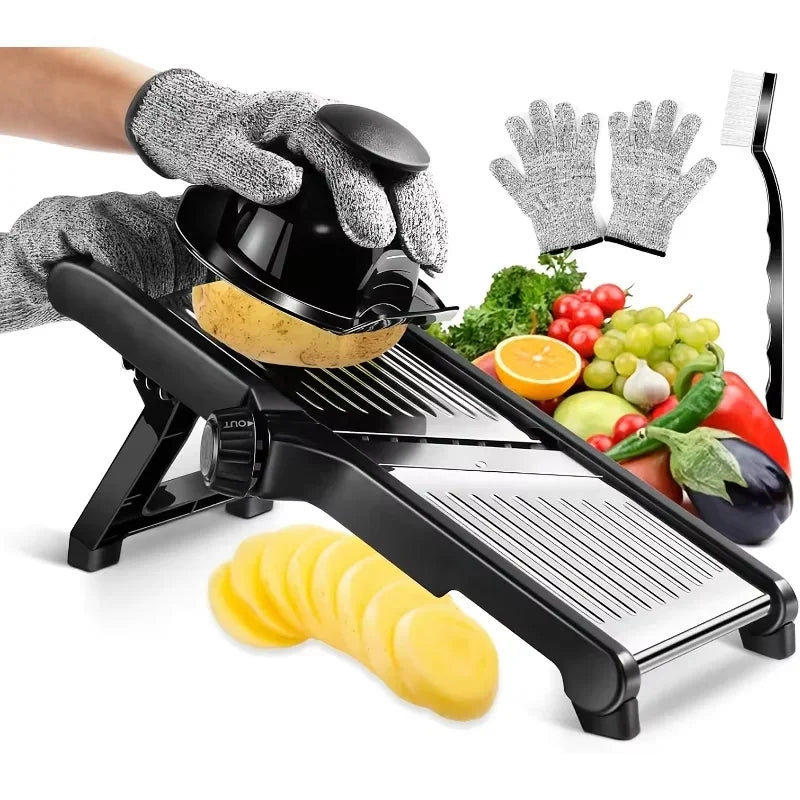 Stainless Steel Mandolin Slicer with 5 Blades & Holder - Safe Hand Guard.