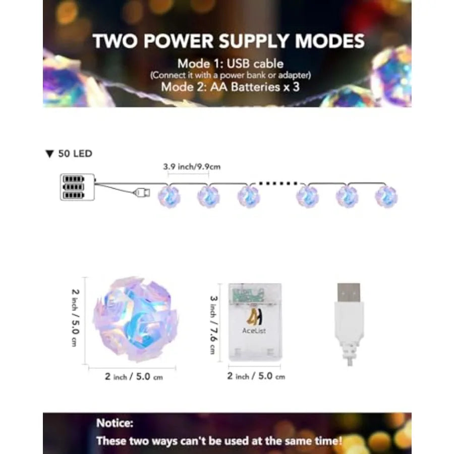 50 LED Holographic Iridescent String Lights, 16.4Ft Enchanting Disco Ball String Lights USB and Battery Powered Fairy Lights .