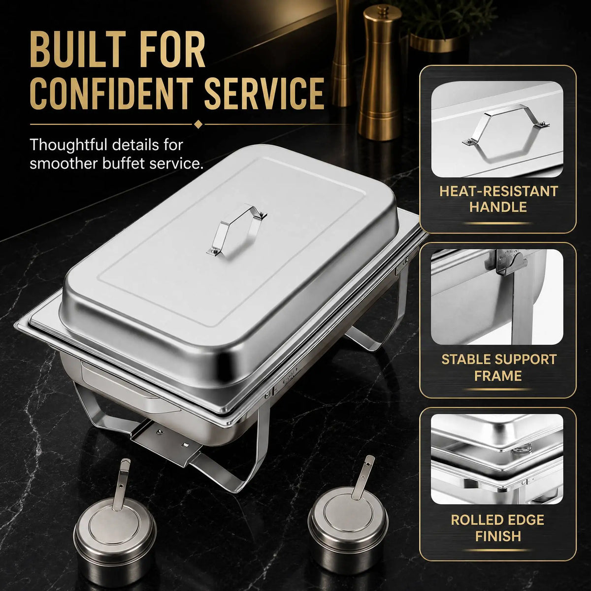4 Pack 9.5 QT Stainless Steel Chafing Dishes Buffet Set, 7 Food Pans & Folding Stands,.