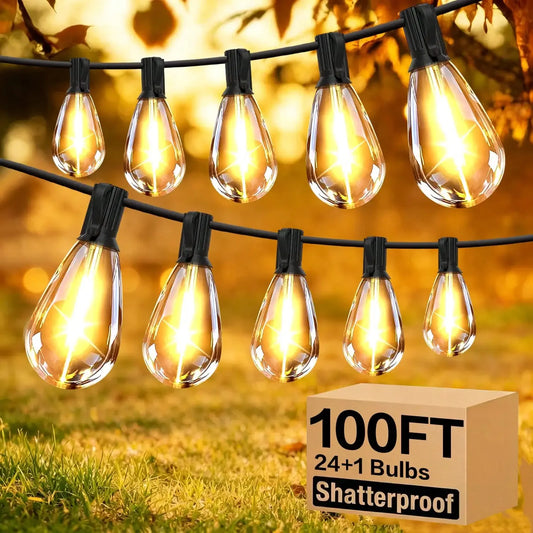 50/100FT Outdoor String Lights With 12 S14 Edison Vintage Bulbs, Connectable Outdoor Patio Lighting, Waterproof And Shatterproof .