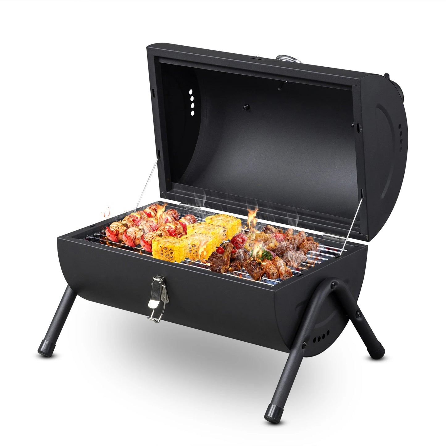 Portable Charcoal Grill with Thermometer and Wooden Handle Compact Tabletop.