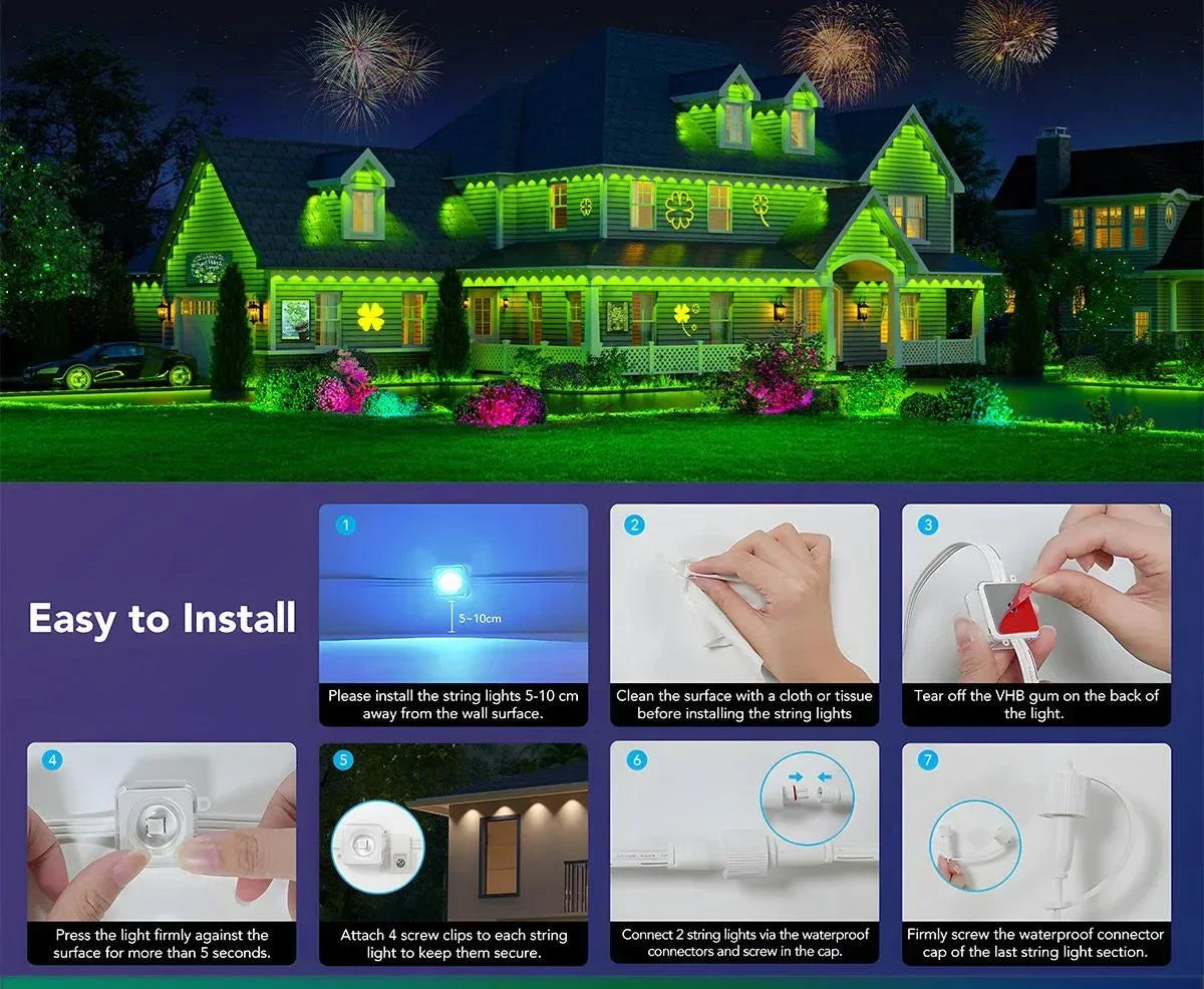 300ft Smart Eave Lights 180LEDS Permanent Outdoor Lights LED String Lights App Remote Waterproof .