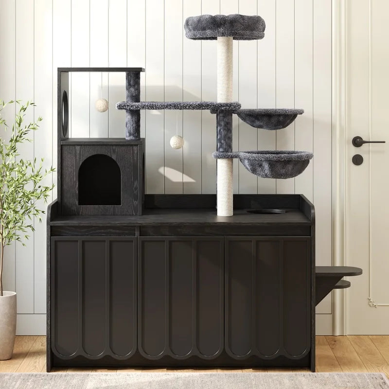 Black Cat Tree with Litter Box Enclosure, Sisal Scratching Post, Storage, Hammock, and Perch –