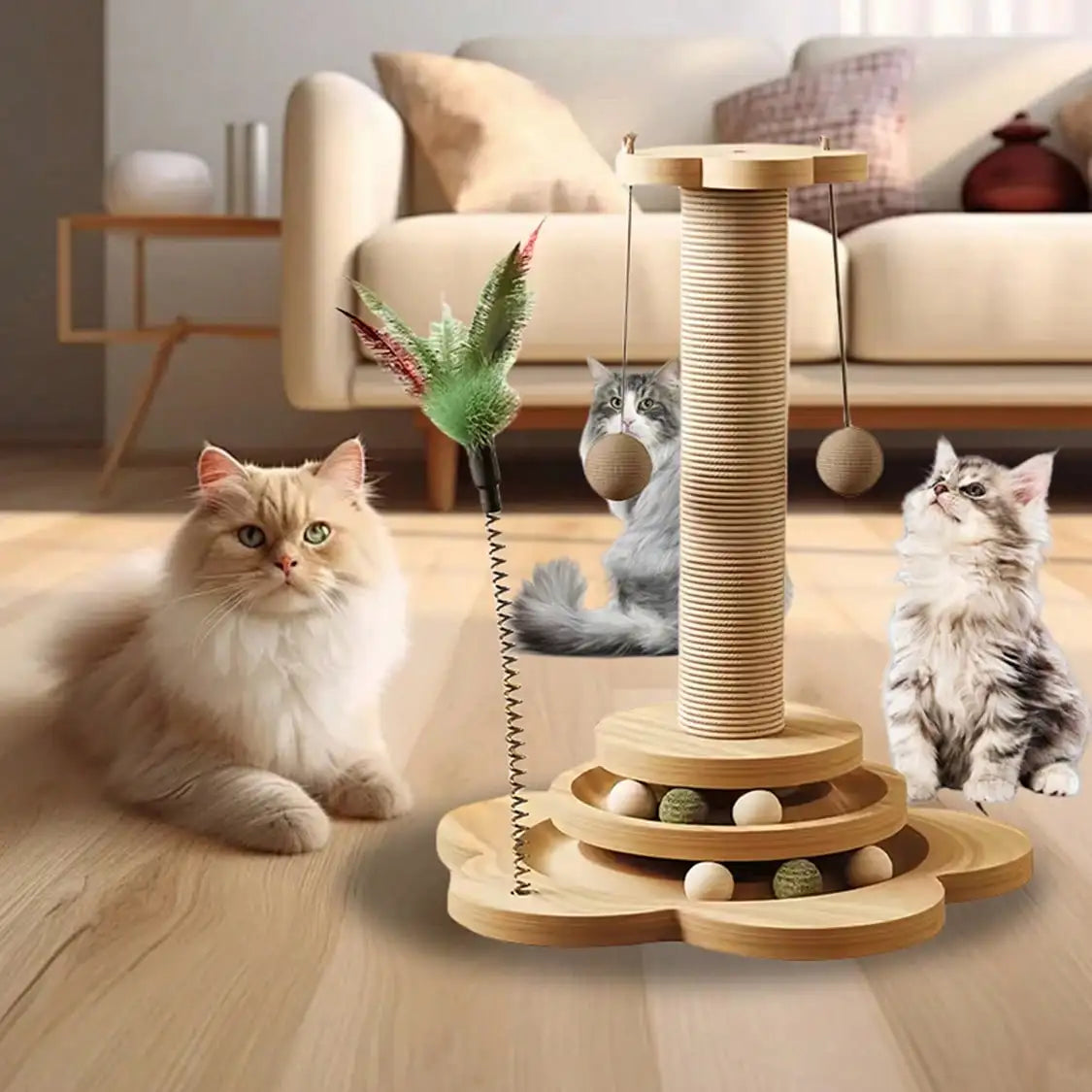 Solid Wood Cat Claw Pole With Catnip Ball, Sword Hemp Rope