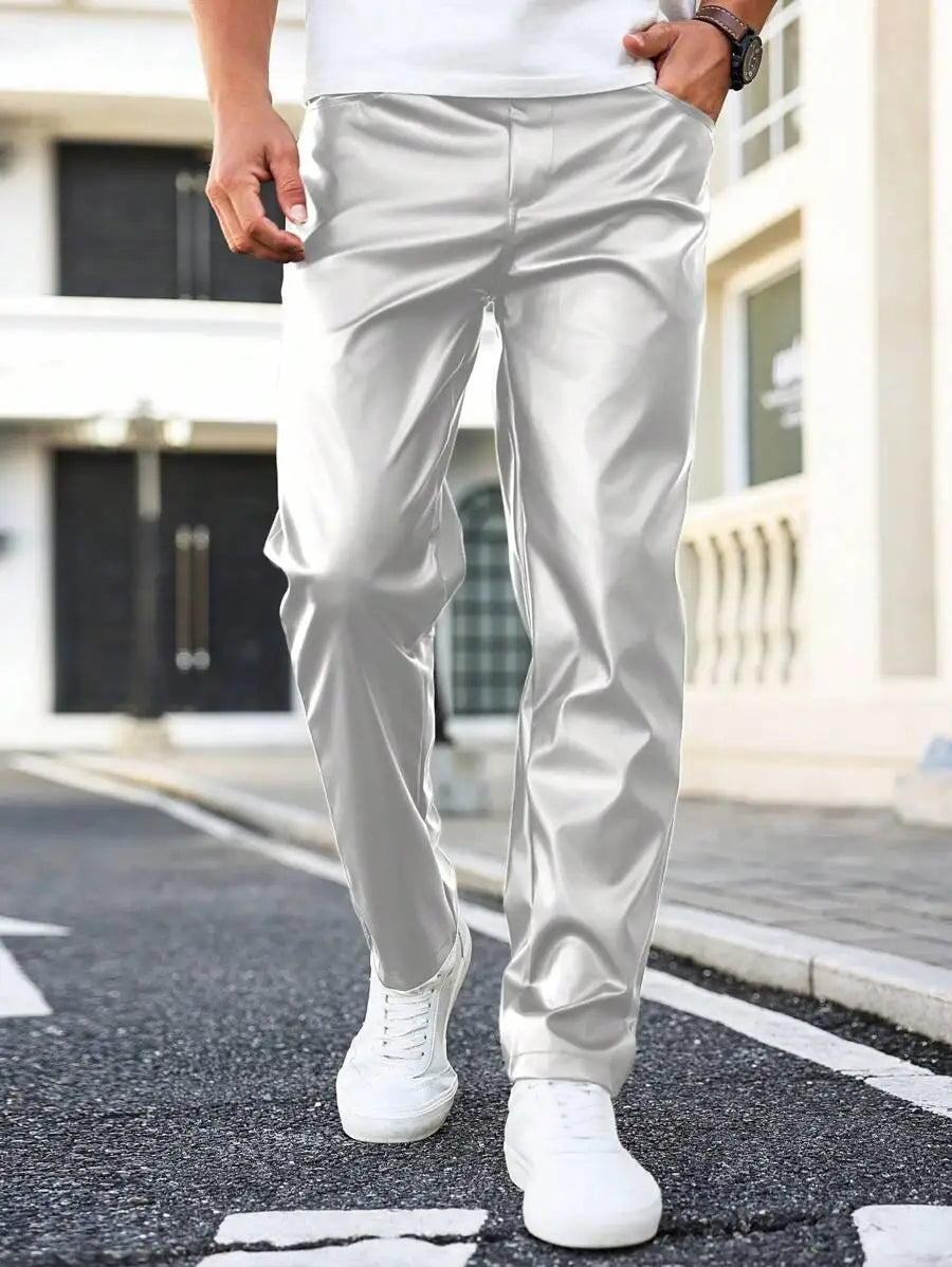 Manfinity Homme Men's Solid Front Button Pocket Casual Leather Pants,.