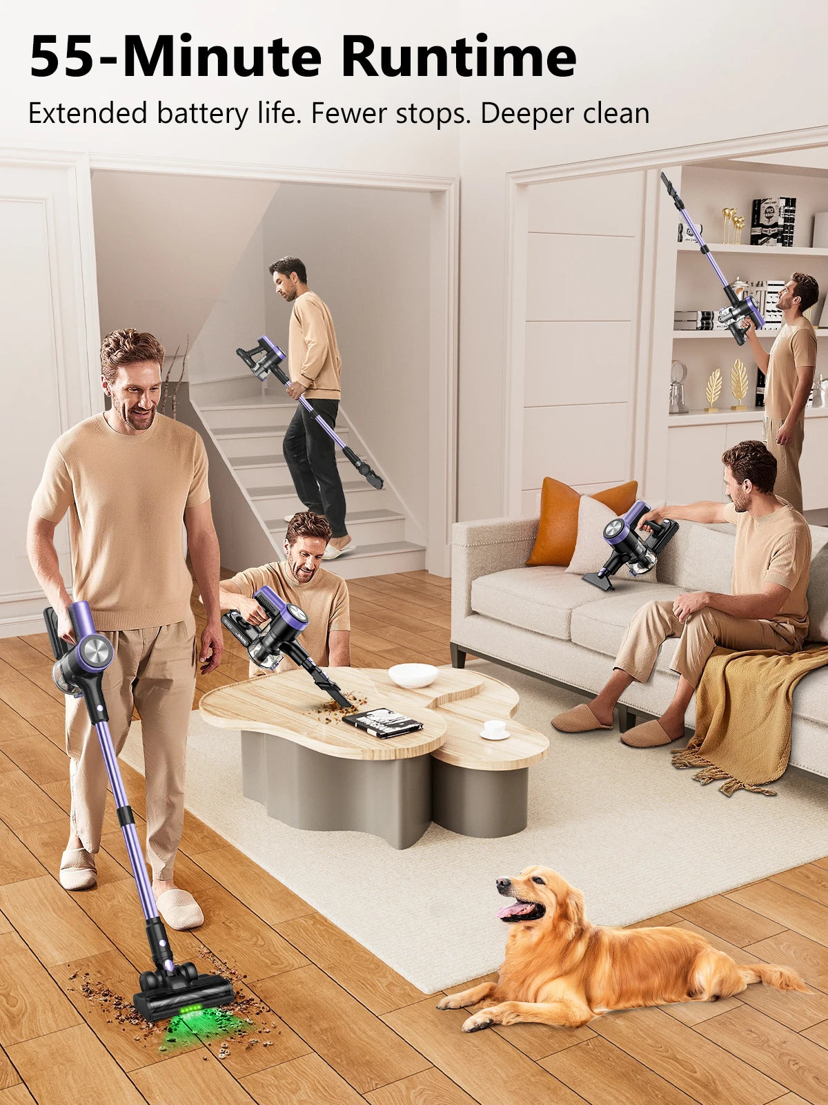 500W/55KPA Self-Standing Cordless Vacuum Cleaner,60 Mins Handheld Vacuum. Carpet/Pet Hair