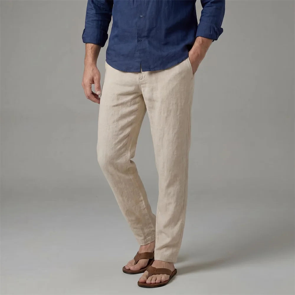Men's Casual Business Pants Cotton Linen Straight Leg Solid Color Lightweight.