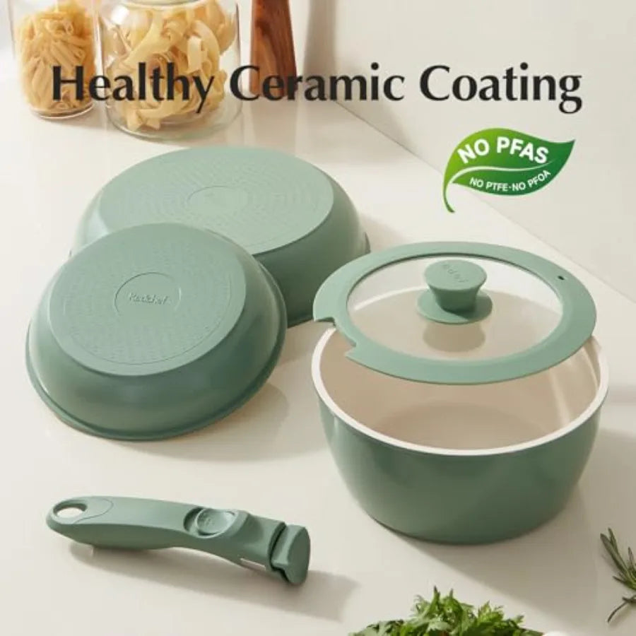 32pcs Ceramic Pots and Pans Set Non Stick Nonstick Kitchen Cookware Set with Detachable Handle .