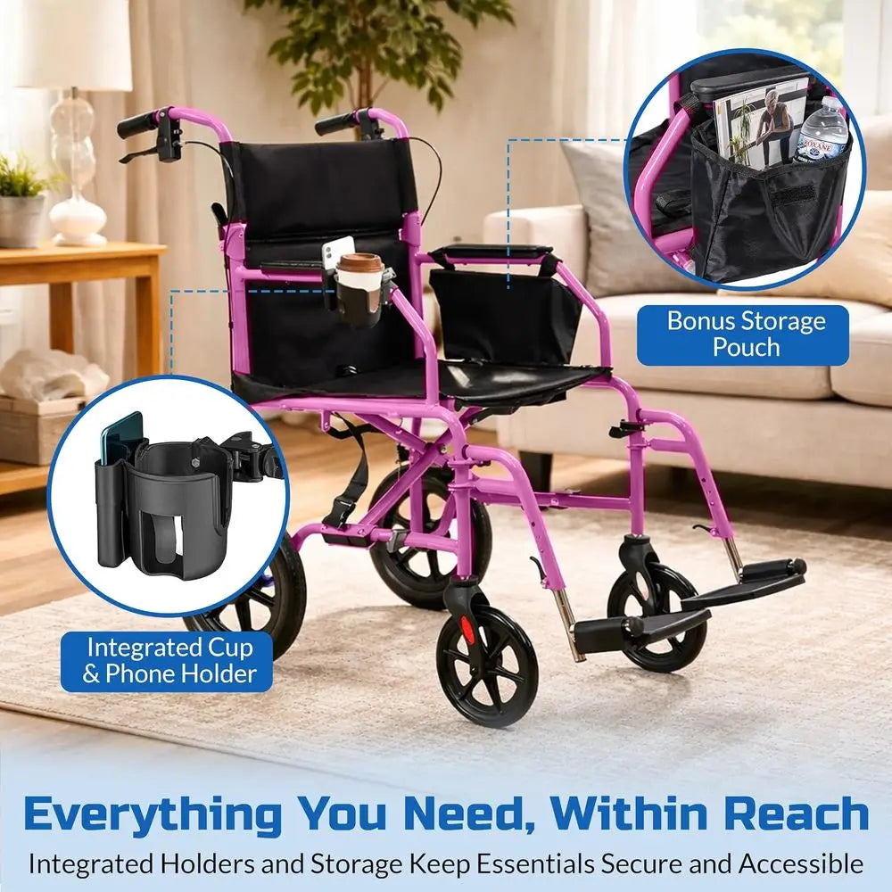 ingbird™ Ultra-Lightweight foldable Transport Wheelchair, Handbrakes,12-Inch Rear Wheels, Extra-Wide Seat.