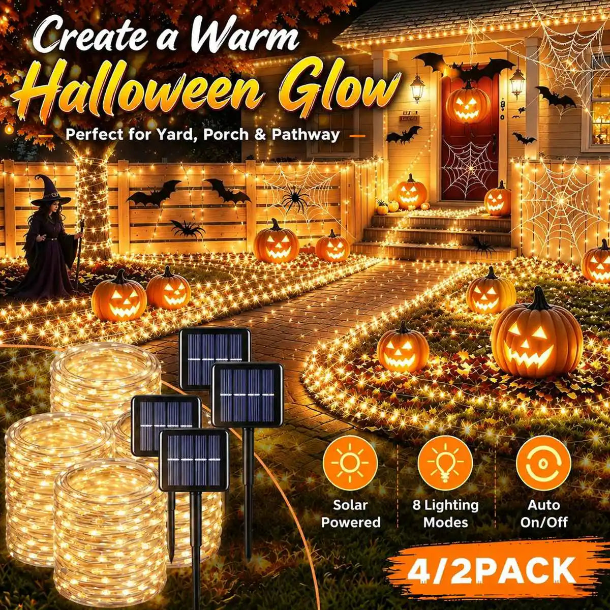 2Pcs/Set Halloween Solar Fairy String Lights Copper Wire LED Outdoor Lights With 8 Modes Outdoor.
