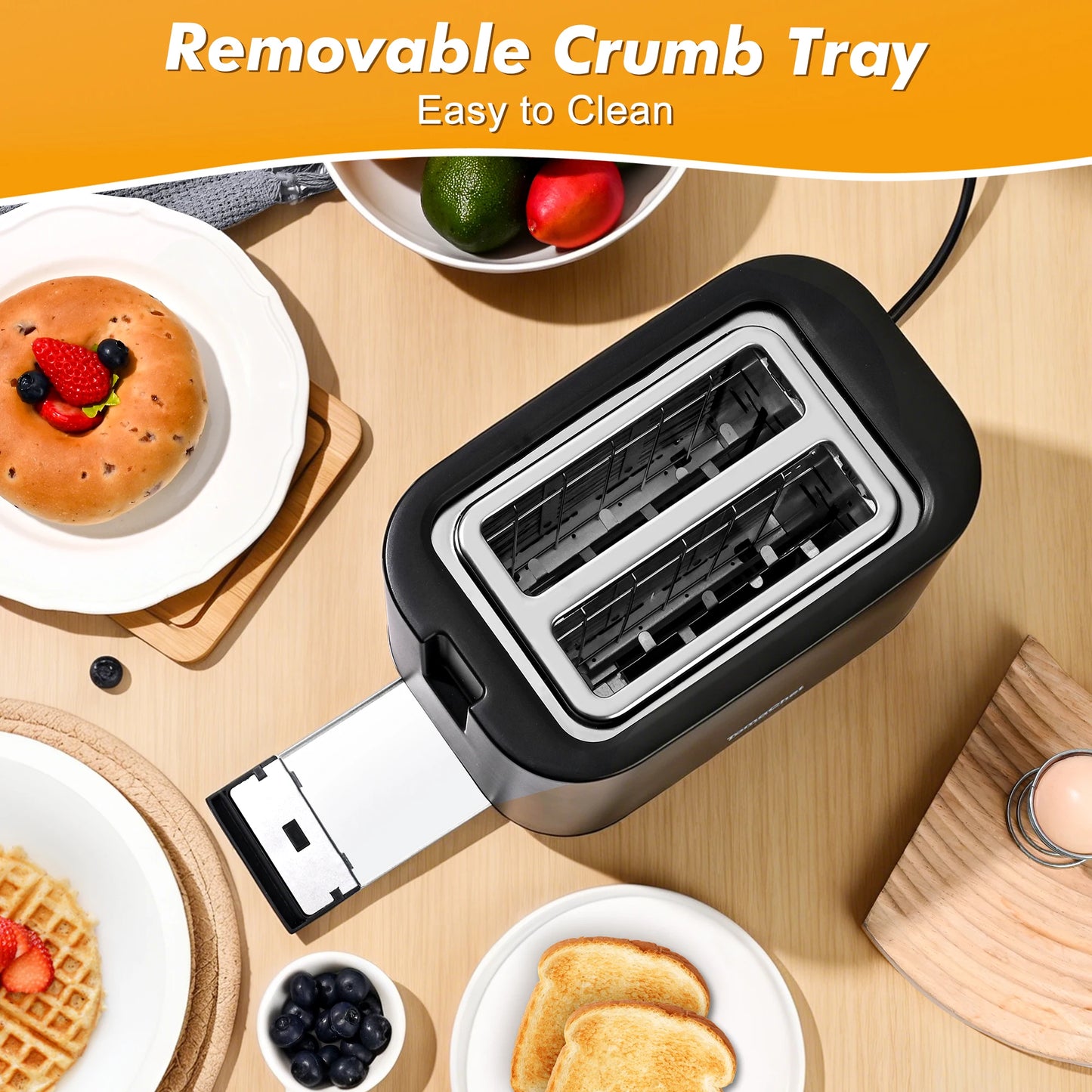 TomaChef  compact electric toaster 700W, with 7 heating Settings and a detachable breadcrumb tray.