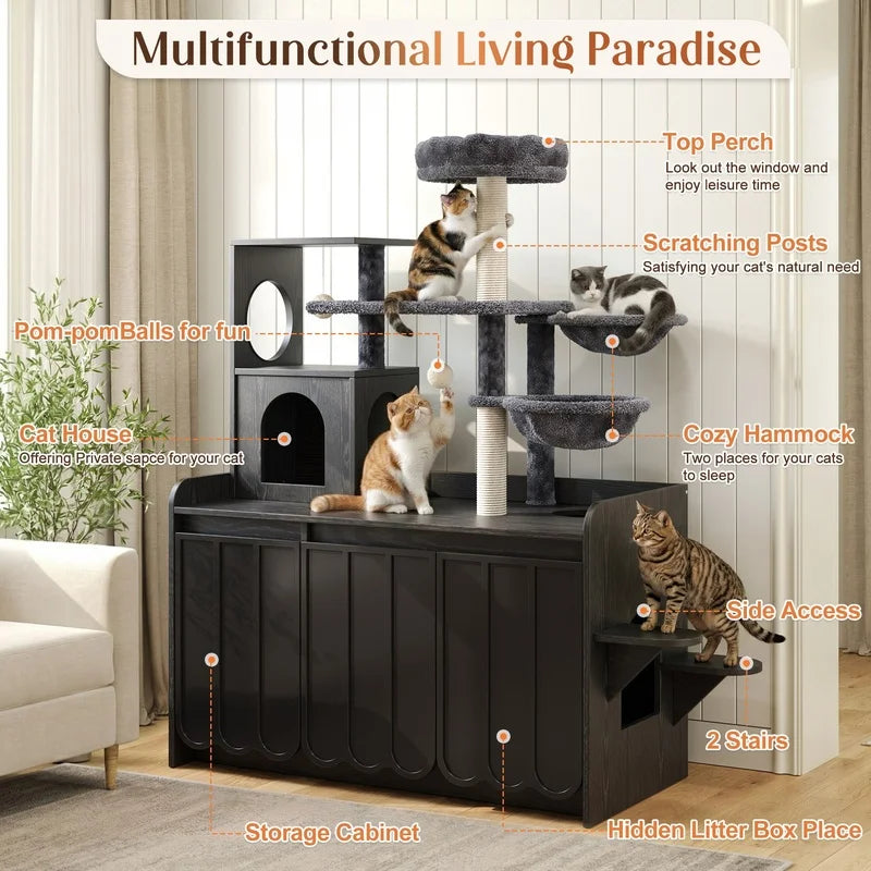 Black Cat Tree with Litter Box Enclosure, Sisal Scratching Post, Storage, Hammock, and Perch –