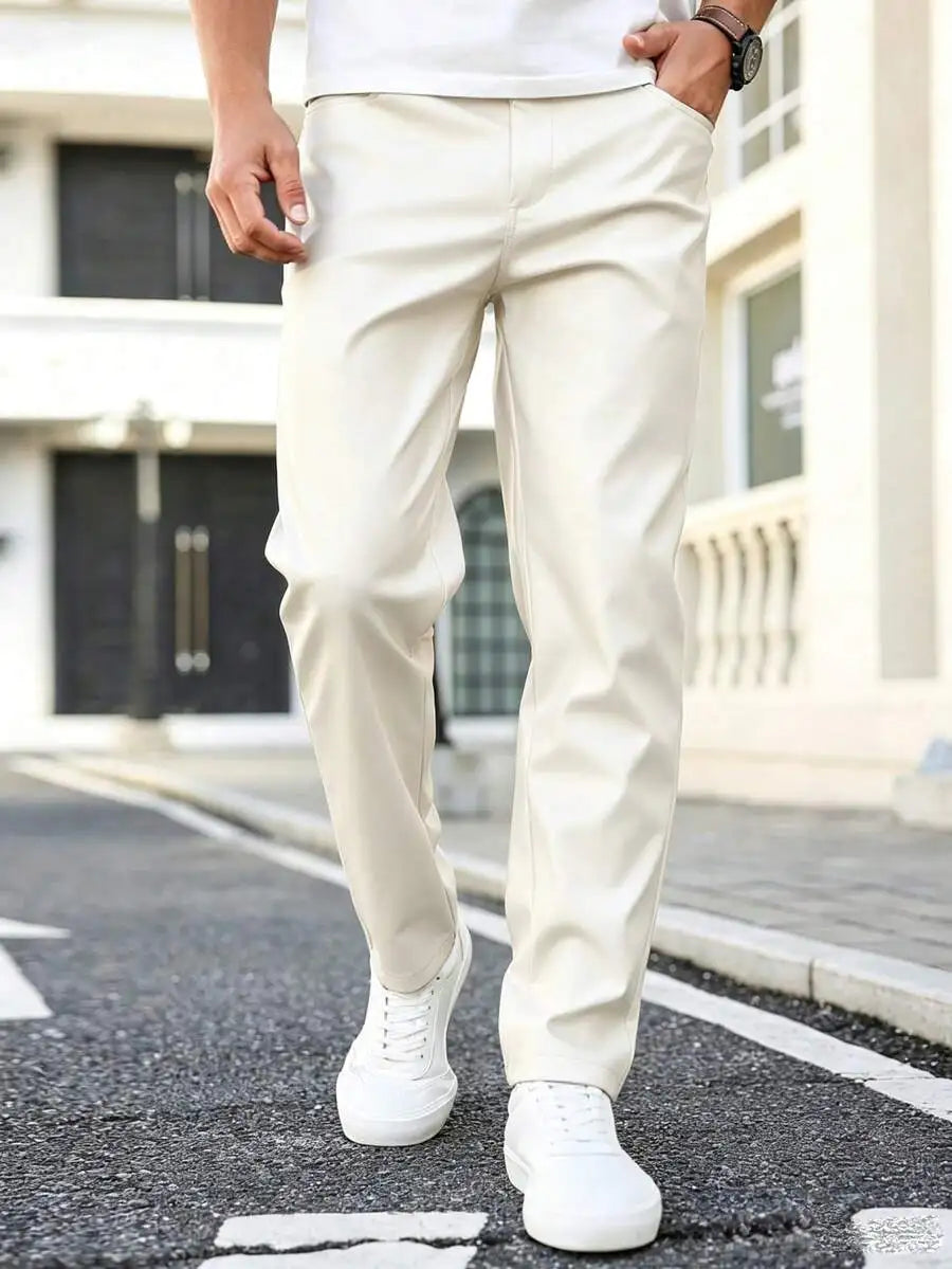 Manfinity Homme Men's Solid Front Button Pocket Casual Leather Pants,.