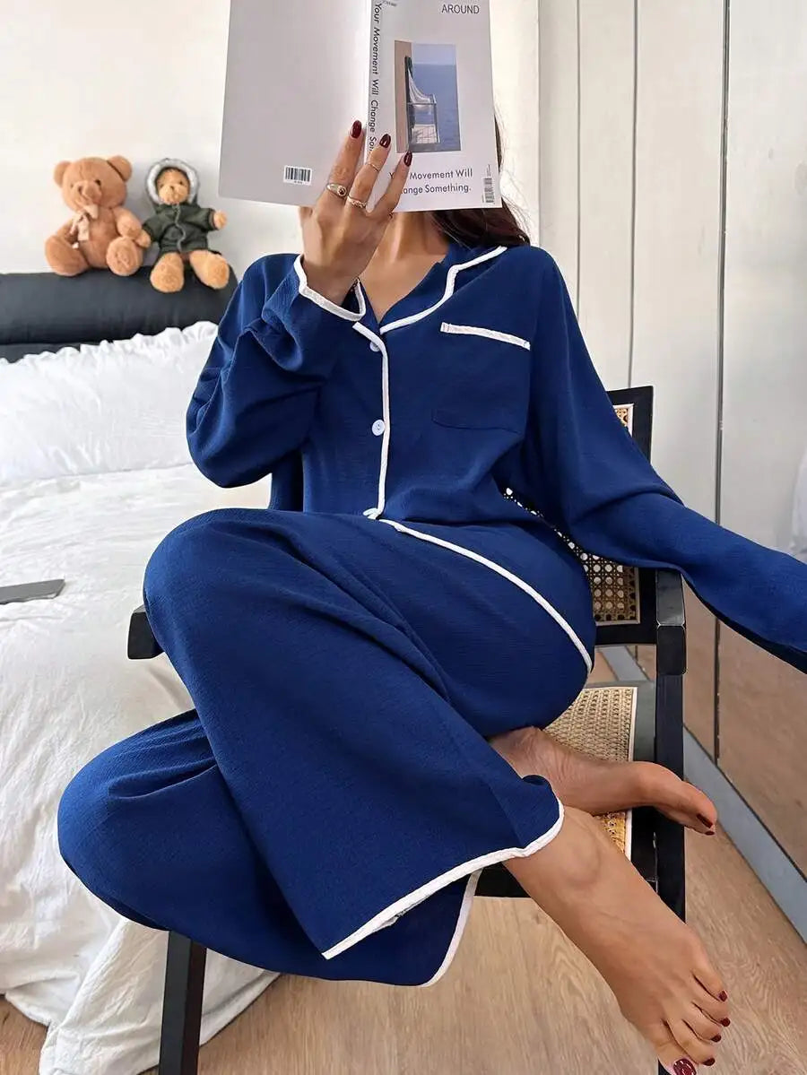 Womens Contrast Trim Lapel Loose Long Sleeve Pajama Set Light Green