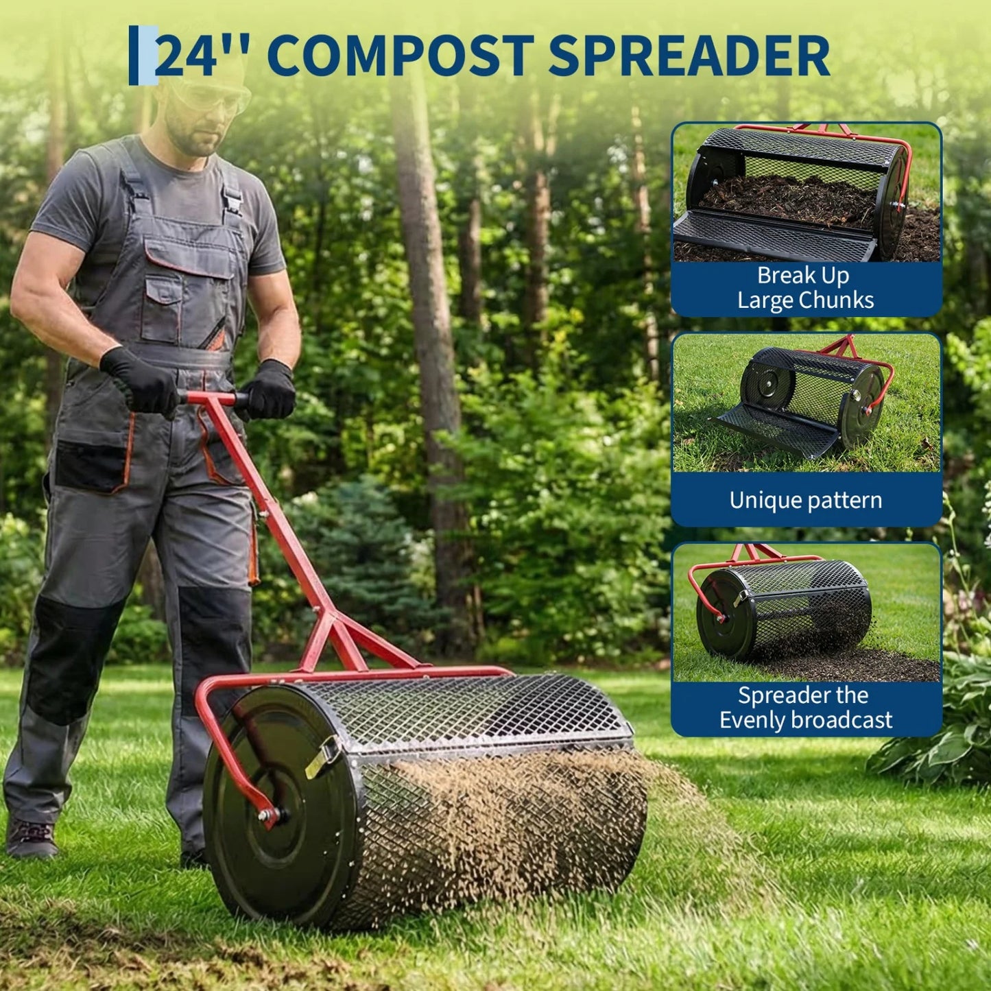 Compost Spreader, 24 Inch Peat Moss Spreader with T Shaped Handle, 3 Heights Adjustable, .