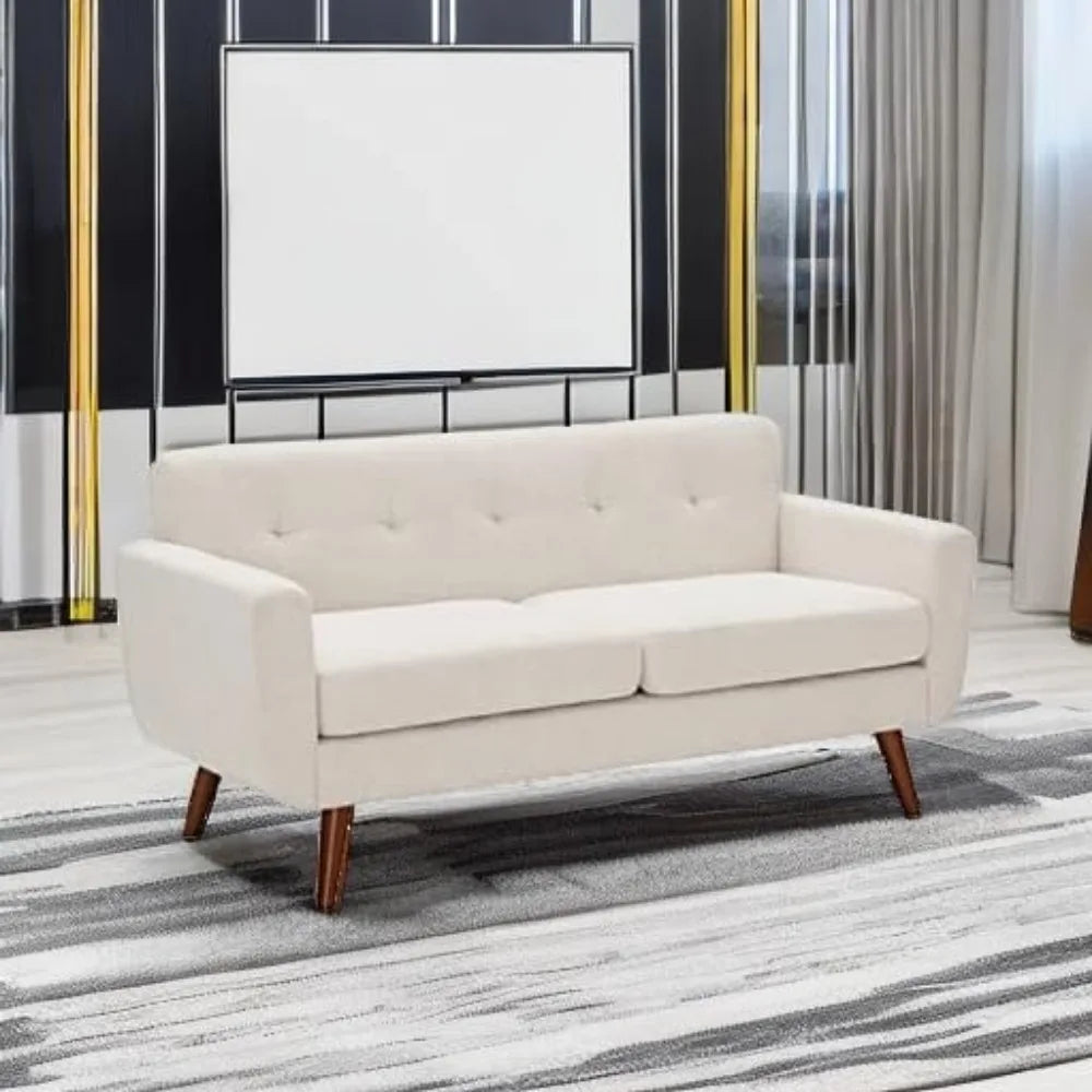 Mid Century Modern Loveseat Sofa . Beige Upholstered, .