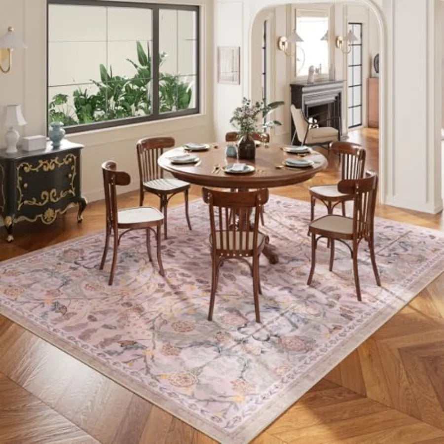8x10 Washable Area Rugs  Floral Boho Vintage Print, Pink Polyester,