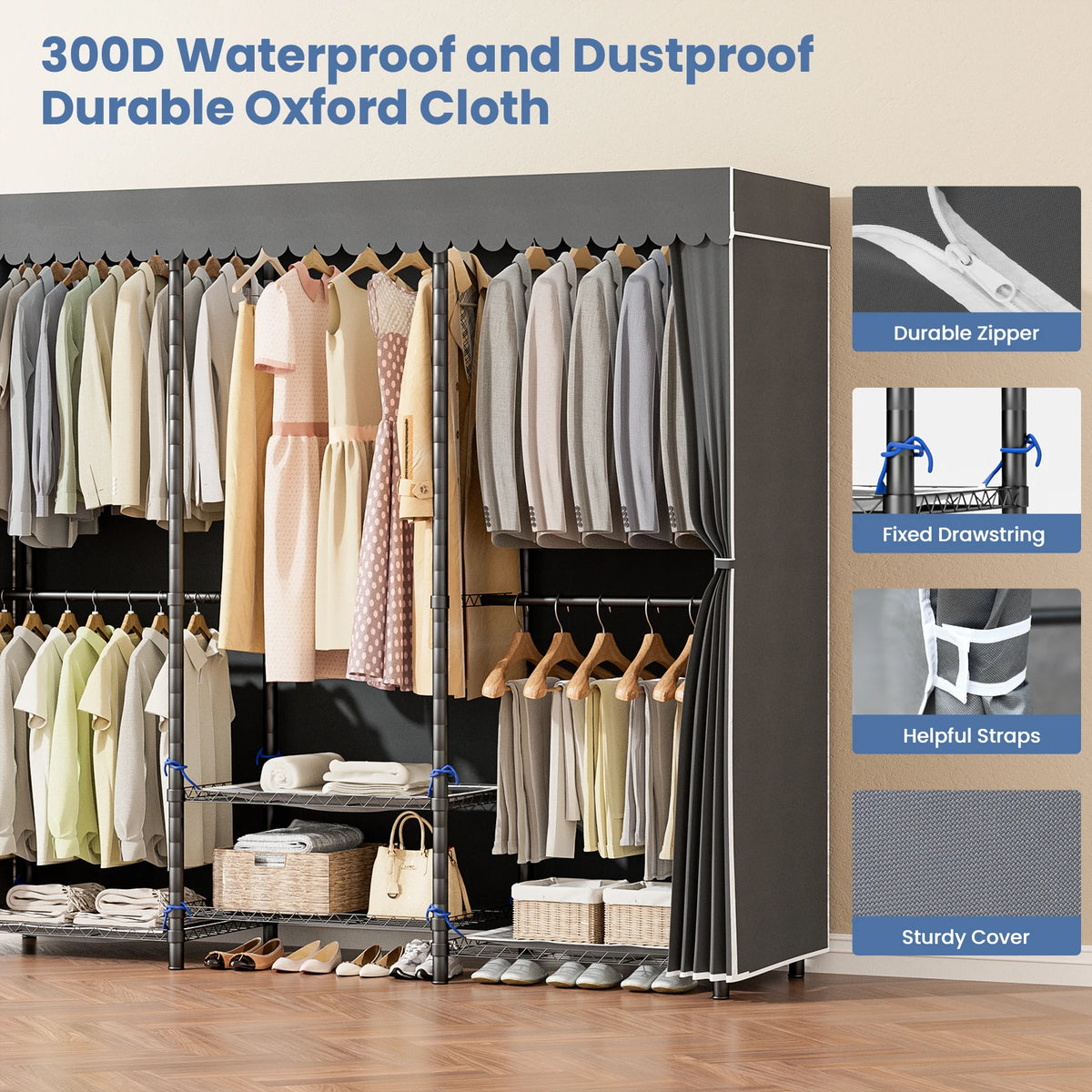 Portable Closet Wardrobe Storage Clothes Rack with Adjustable Non-Woven Fabric Cover