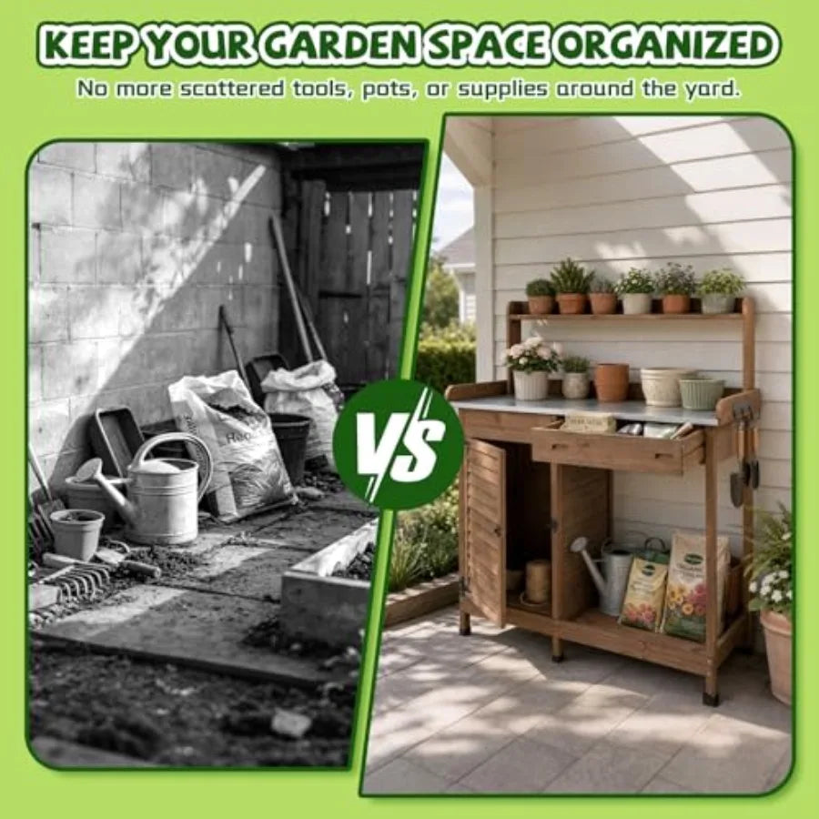 Outdoor Potting Bench Table .Wooden Frame With Metal Tabletop; Natural Brown; .