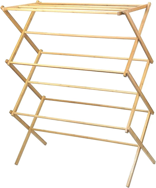 Foldable Wooden Clothes Drying Rack for Laundry – Pre-Assembled, Lightweight, 9-Bar Fold-Flat Design for Indoor or Outdoor Use