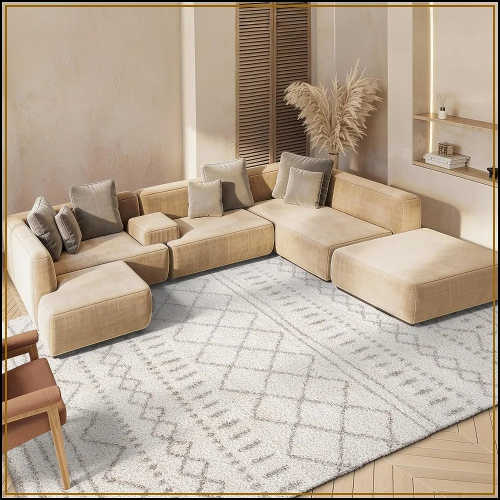 8x10 Ivory Beige Moroccan Boho Shag Area Rug, Non-Shedding .