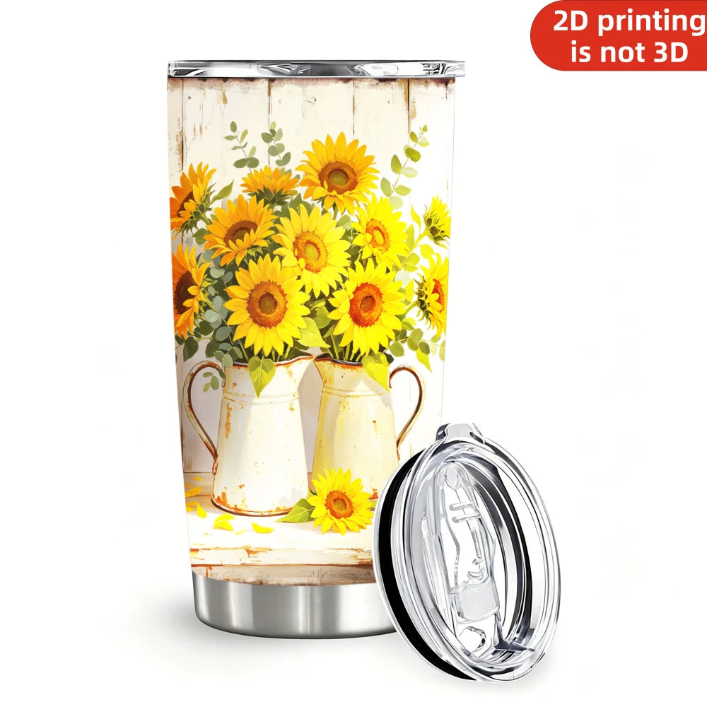 20oz Farmhouse Sunflower Pitcher Printed Stainless Steel Tumbler with Lid and Straw, Rustic White Wood Yellow Floral Bouquet Country Cottage .