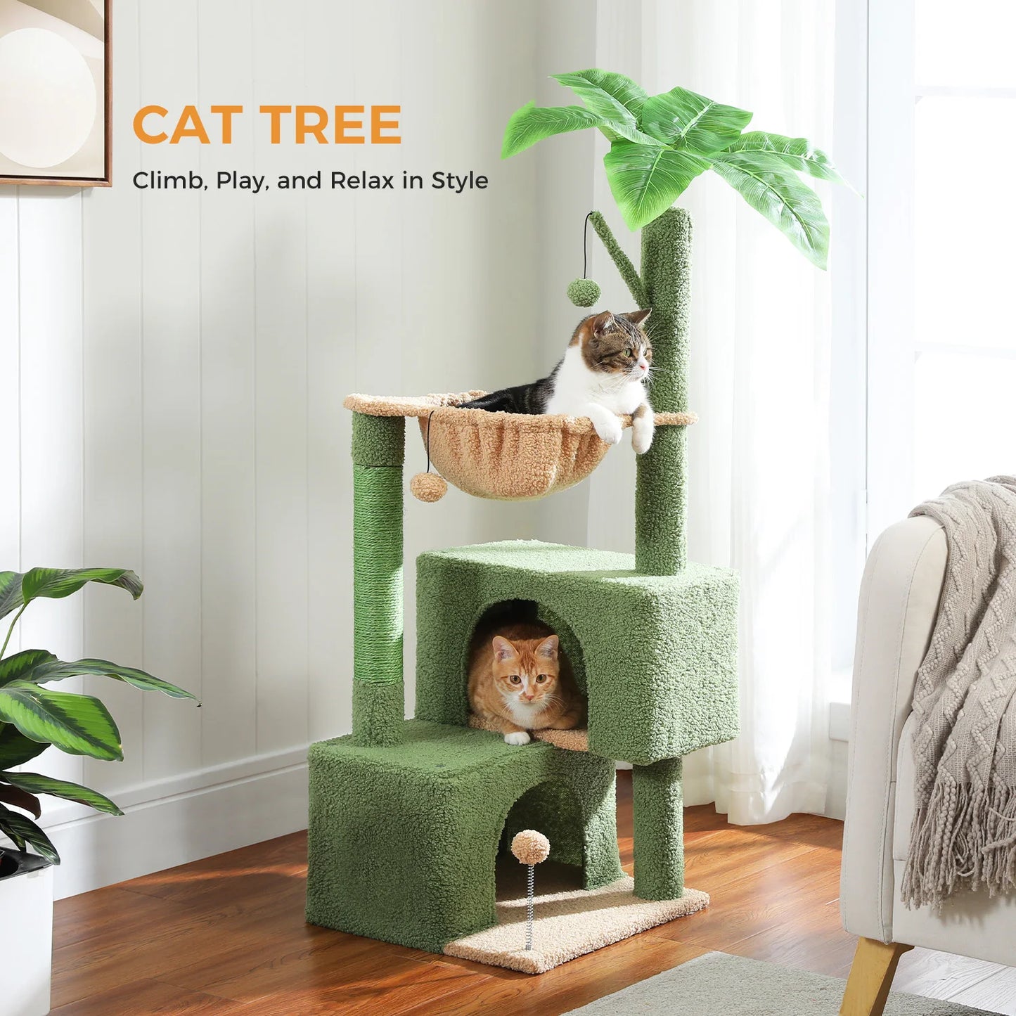 Cactus Cat Tree Small Cat Tower with Spacious Condo ,Cozy Hammock Ball, Scratching .