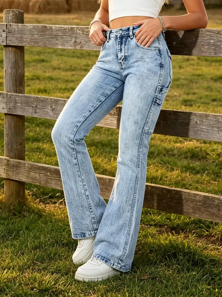 Jeans | Women Carpenter Pocket Design Denim Pants, High Waist Flare Bootcut Denim Jeans, Light Blue Snow Stone Wash, Tummy Control Butt-Lifting Optimize .
