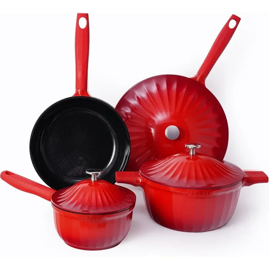 Nonstick Ceramic Cookware Set 7 Piece Titanium Cast Aluminum Pots and Pans Set with Lids.