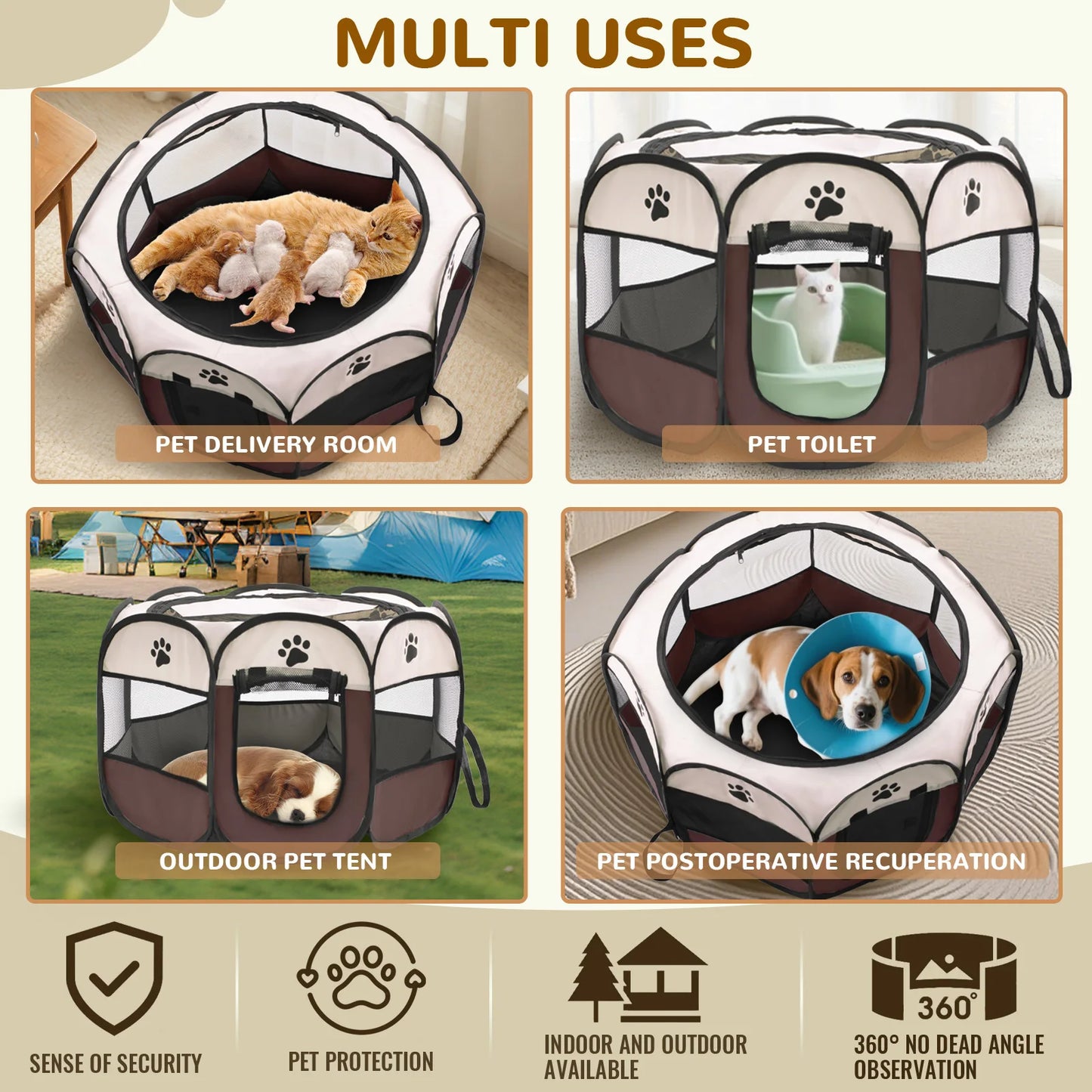 Foldable Pet Playpen for Dogs & Cats - Durable Oxford Cloth with Removable Zipper,