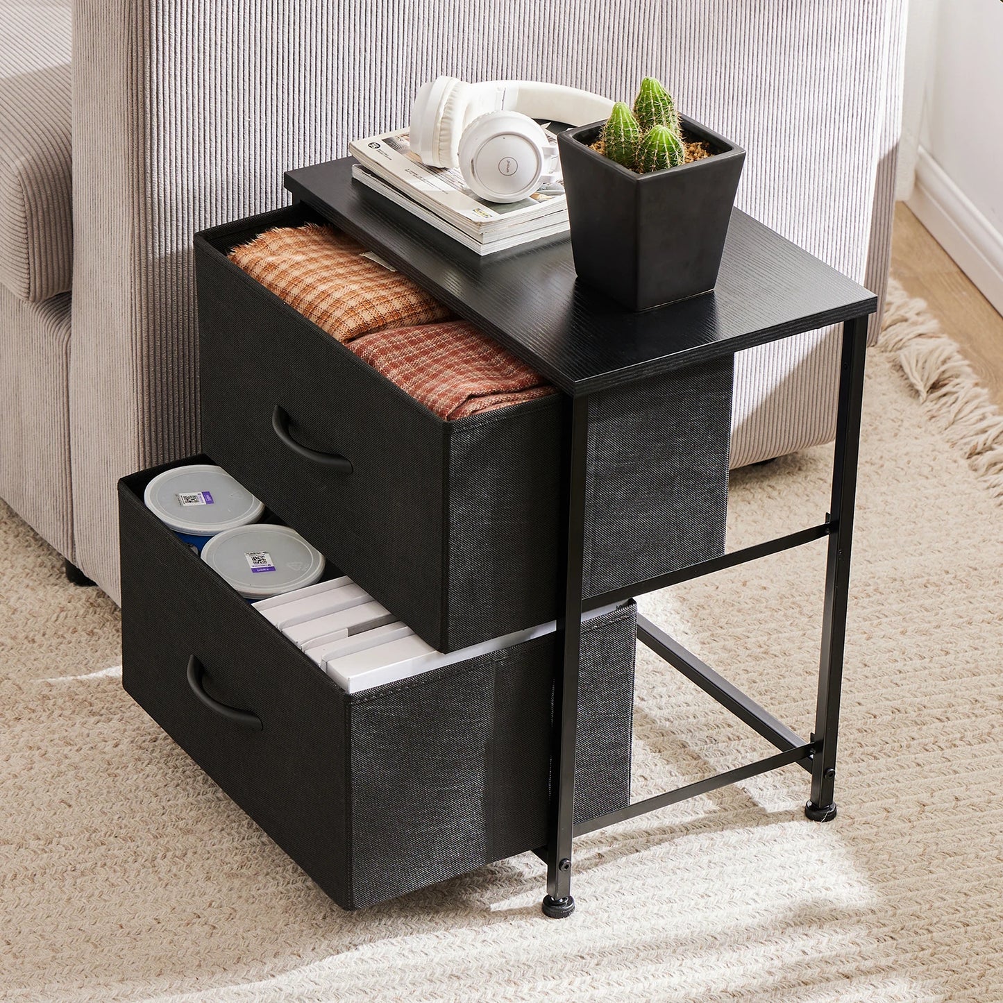 Nightstand Bedside Table Storage Closet Chest 2 Fabric Drawers
