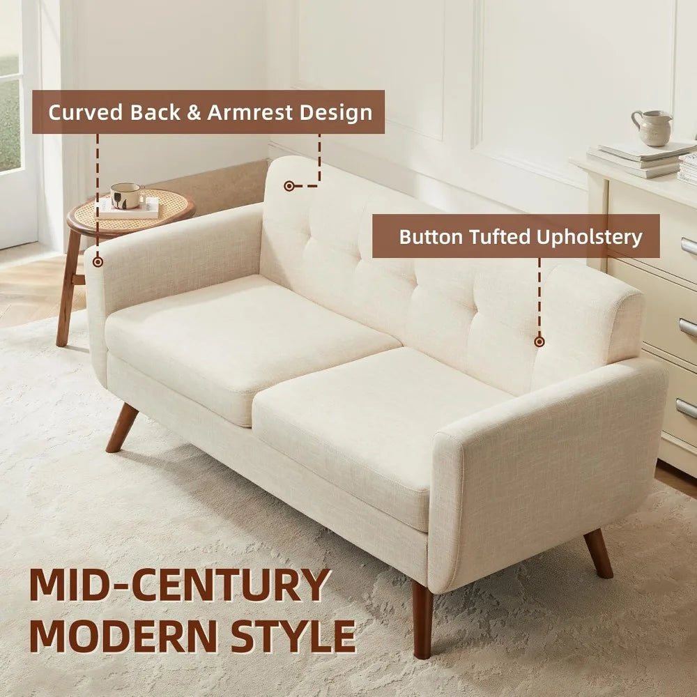 Mid Century Modern Loveseat Sofa . Beige Upholstered, .