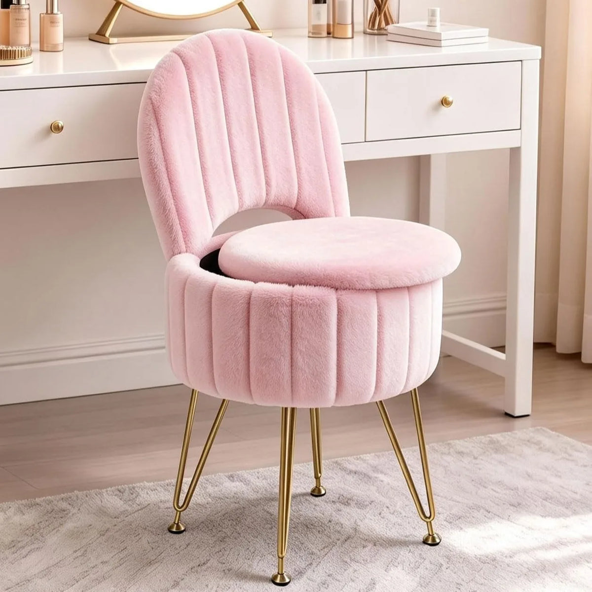 White Faux Fur Vanity Stool Chair with 7.9 Liter Hidden Storage Folding Backrest Thick Padded Seat Gold Metal Legs .
