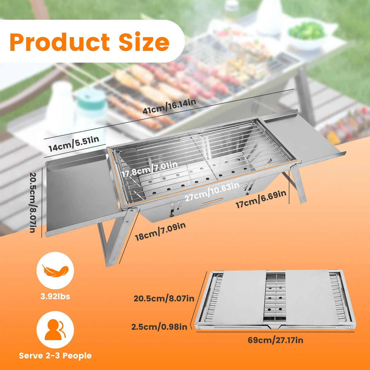 Foldable Charcoal BBQ Grill Stainless Steel Grill. Tabletop Barbecue Grill