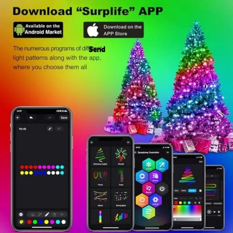 1.8CM/2.1CM RGB Christmas Tree Waterfall Lights With Star Topper,APP Remote Control . Multicolor Fairy Light