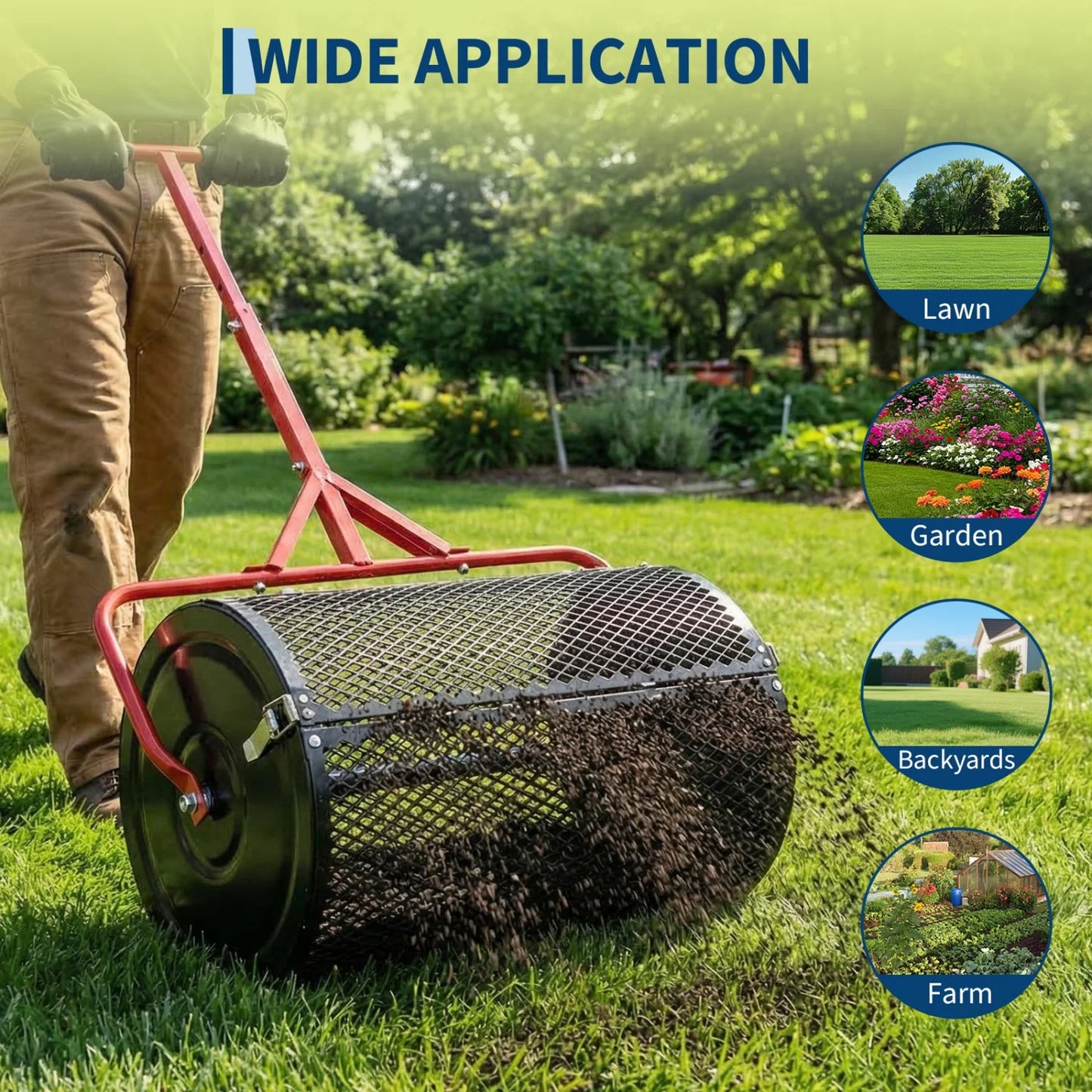 Compost Spreader, 24 Inch Peat Moss Spreader with T Shaped Handle, 3 Heights Adjustable, .
