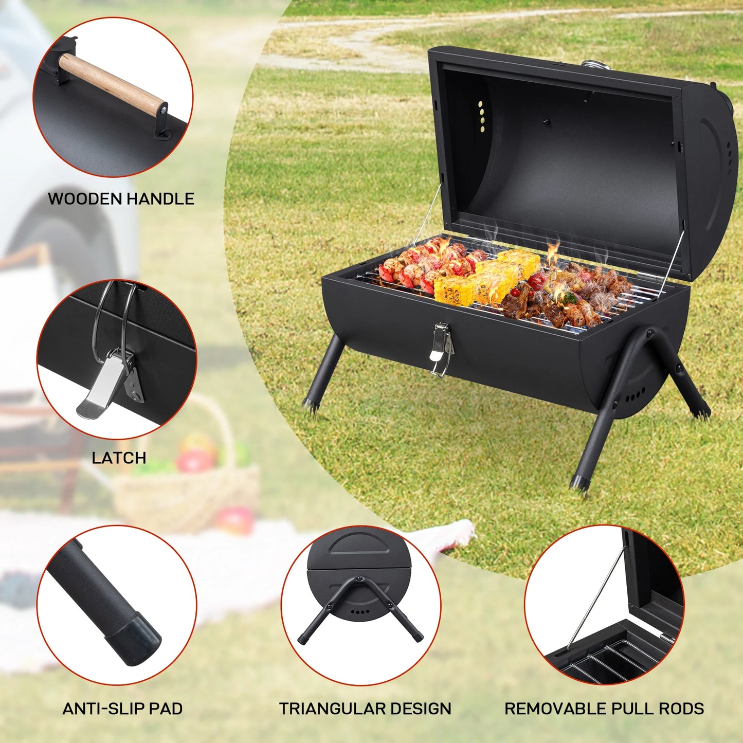 Portable Charcoal Grill with Thermometer and Wooden Handle Compact Tabletop.
