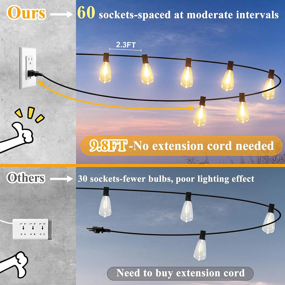 150FT LED Outdoor String Lights Waterproof. Lights Shatterproof ST38 Replaceable Bulbs Dimmable Outside . Lights