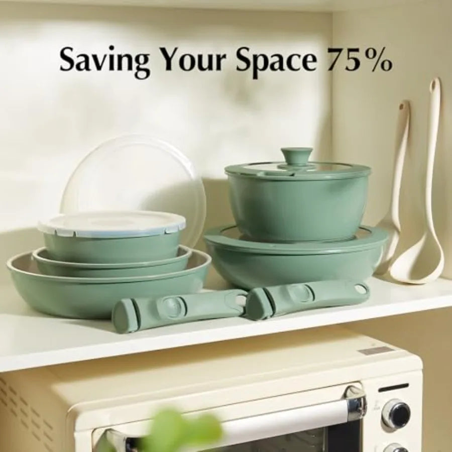 32pcs Ceramic Pots and Pans Set Non Stick Nonstick Kitchen Cookware Set with Detachable Handle .