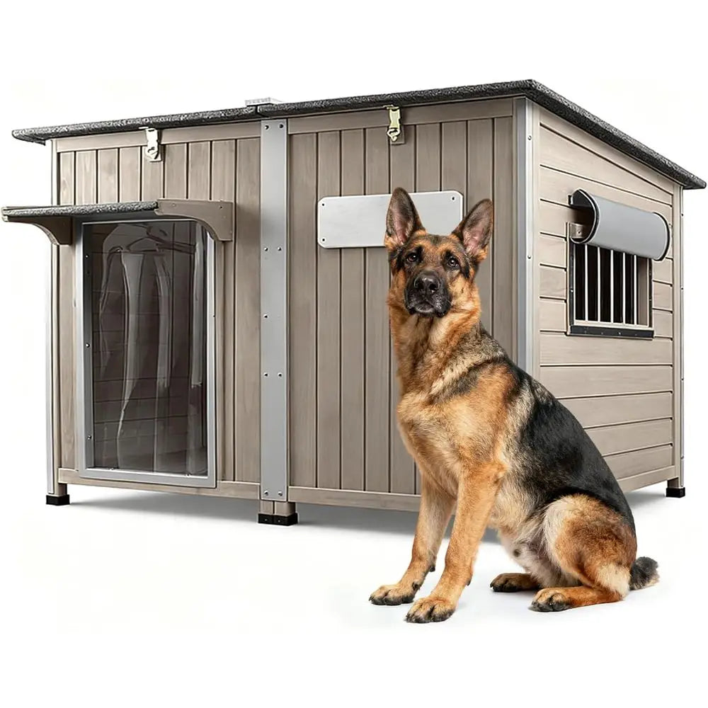 Extra Large Wooden Dog House with Weatherproof Roof, Iron Frame, Removable Floor, Openable Top