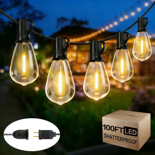 100FT S14 LED String Lights, 24 Bulbs, 2700K Warm White, E12 Base, Black Cord, .