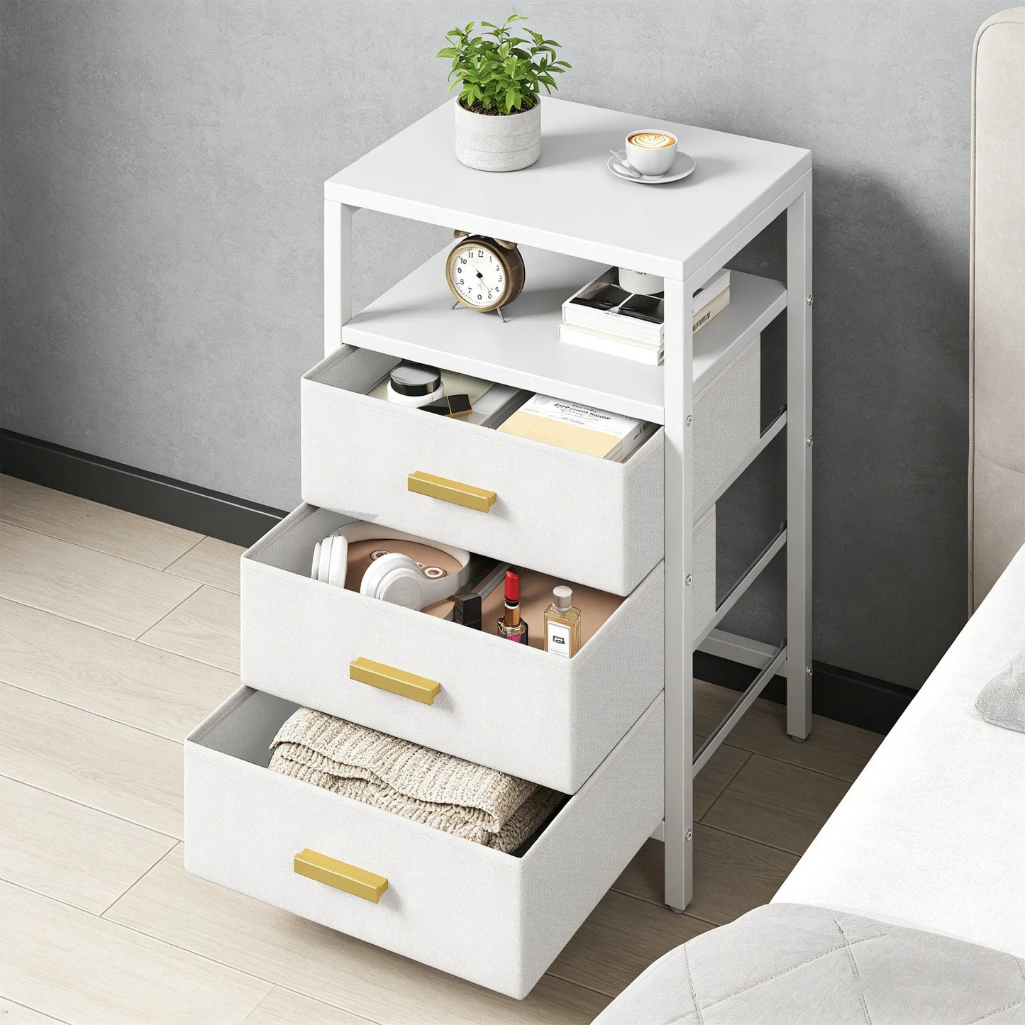End Table Side Table Night Stand End Table 3 Fabric Drawers Modern  Double Layer Display Rack