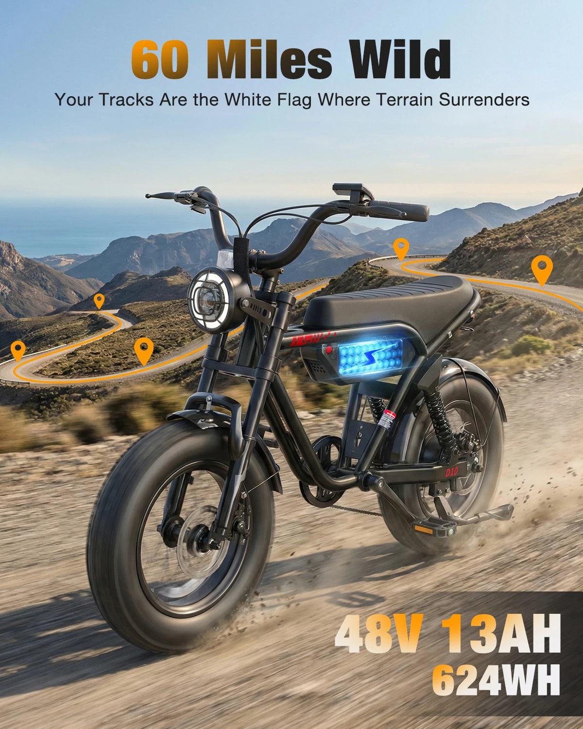 Hopepeak D10 Electric Bike, 16" Fat Tires Electric Mountain Bike, 1500W Peak Motor 48V 13Ah, 25 MPH 60Mi Range Off-Road Ebike with Full Suspension