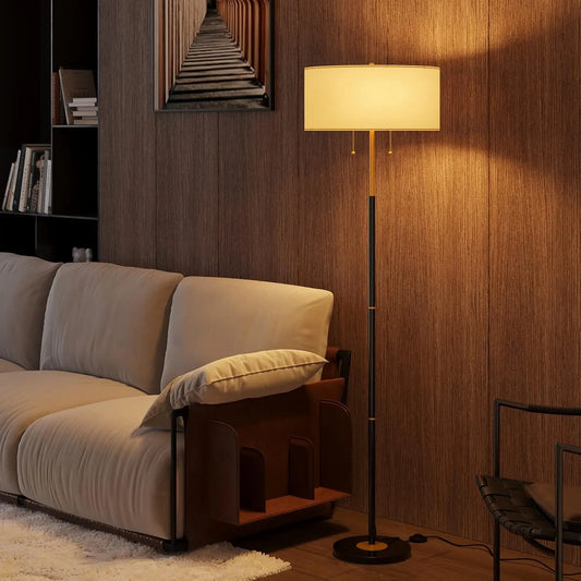 2-Light Floor Lamp with White Fabric Shade, Standing Tall Lamp .3 Color Temperatures 9W Bulb Included