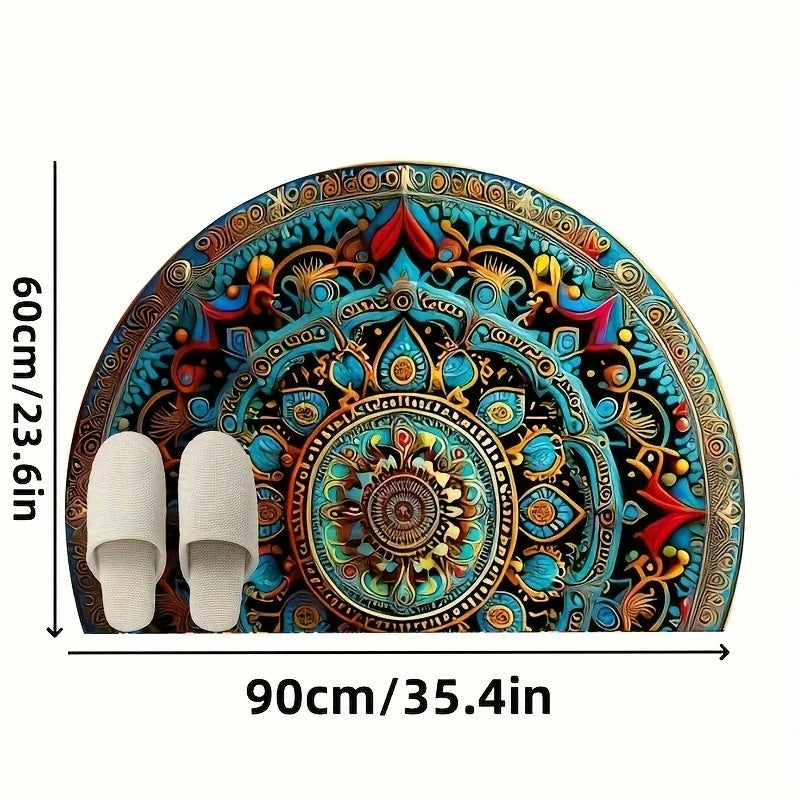 A bohemian mandala semi-circular floor mat,