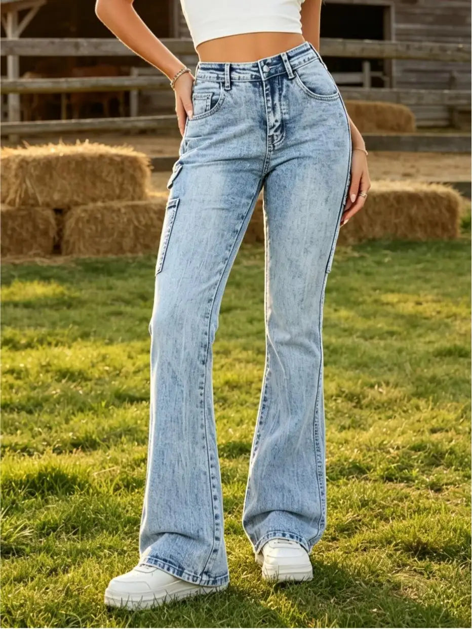 Jeans | Women Carpenter Pocket Design Denim Pants, High Waist Flare Bootcut Denim Jeans, Light Blue Snow Stone Wash, Tummy Control Butt-Lifting Optimize .