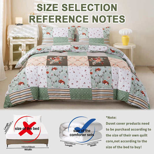 Green Patchwork Printed Duvet Cover Set,., Suitable for All Seasons, Includes 1 Duvet Cover and 1-2 Pillowcases